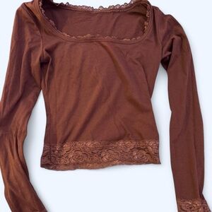 Brown Lace Trim Women's Top